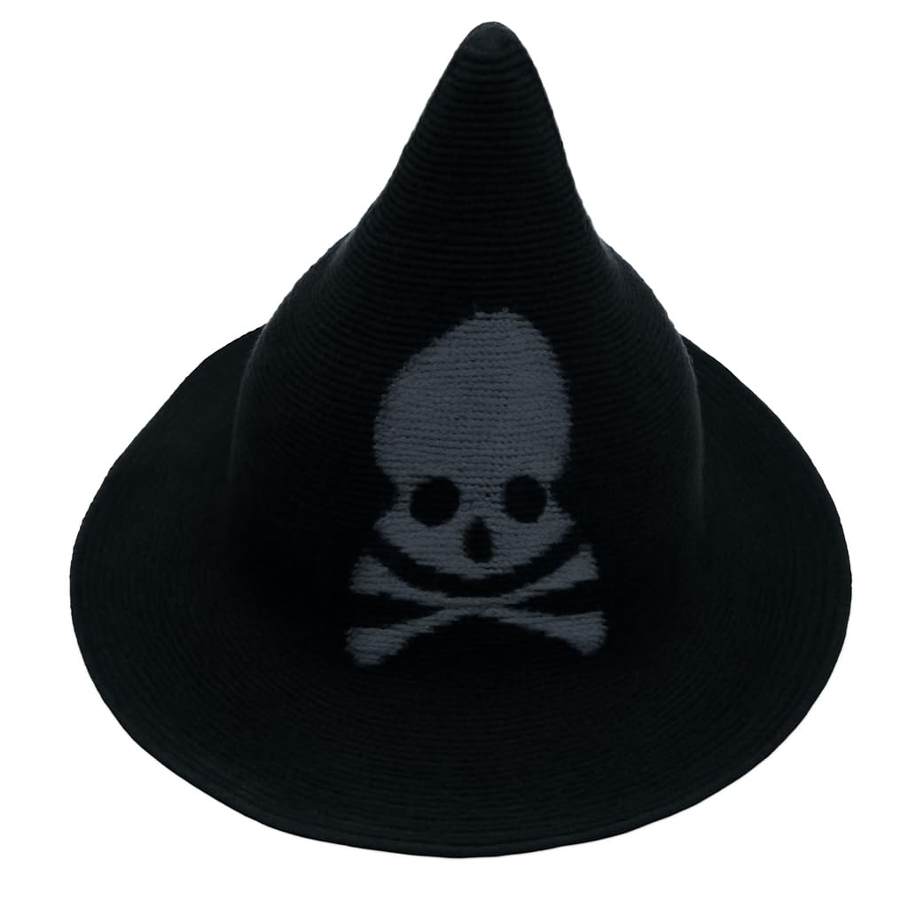 YAMEE Halloween Skull Witch Hat, Wool Knit Wizard Hat for Men & Women, Knitted Cap for Party Costume (Black, M)
