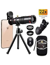 Lente para cámara de teléfono, kit de fotógrafo para teléfono móvil flexible. Trípode para teléfono + disparador remoto + 4 en 1. Kit de lentes de alta potencia 22 x monocular telephoto, ojo de pez, macro y lente gran angular para smartphone., Negro