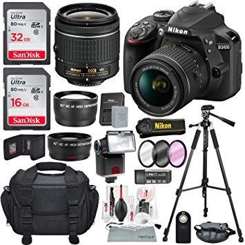 Nikon D3400 with AF-P DX NIKKOR 18-55mm f/3.5-5.6G VR, Total of 48 GB SDHC along with Deluxe Accessories Bundle