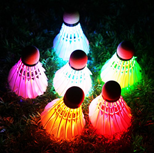 Inngree LED Badminton Birdies, LED Colourful Shuttlecock Dark Night Goose Feather Glow Birdies Lighting Outdoor Indoor Sport Activities (Colourful-6pcs)