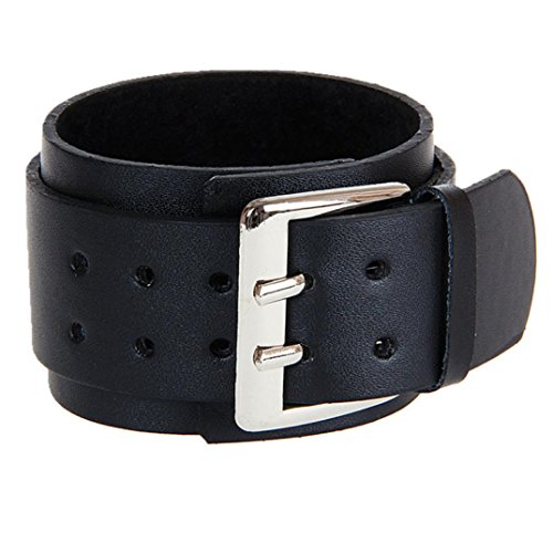ManxiVoo Retro Wide Leather Bracelet Bangle Cuff Punk Exaggerated Big Double Buckle Bracelet Adjustable Fit (Black)