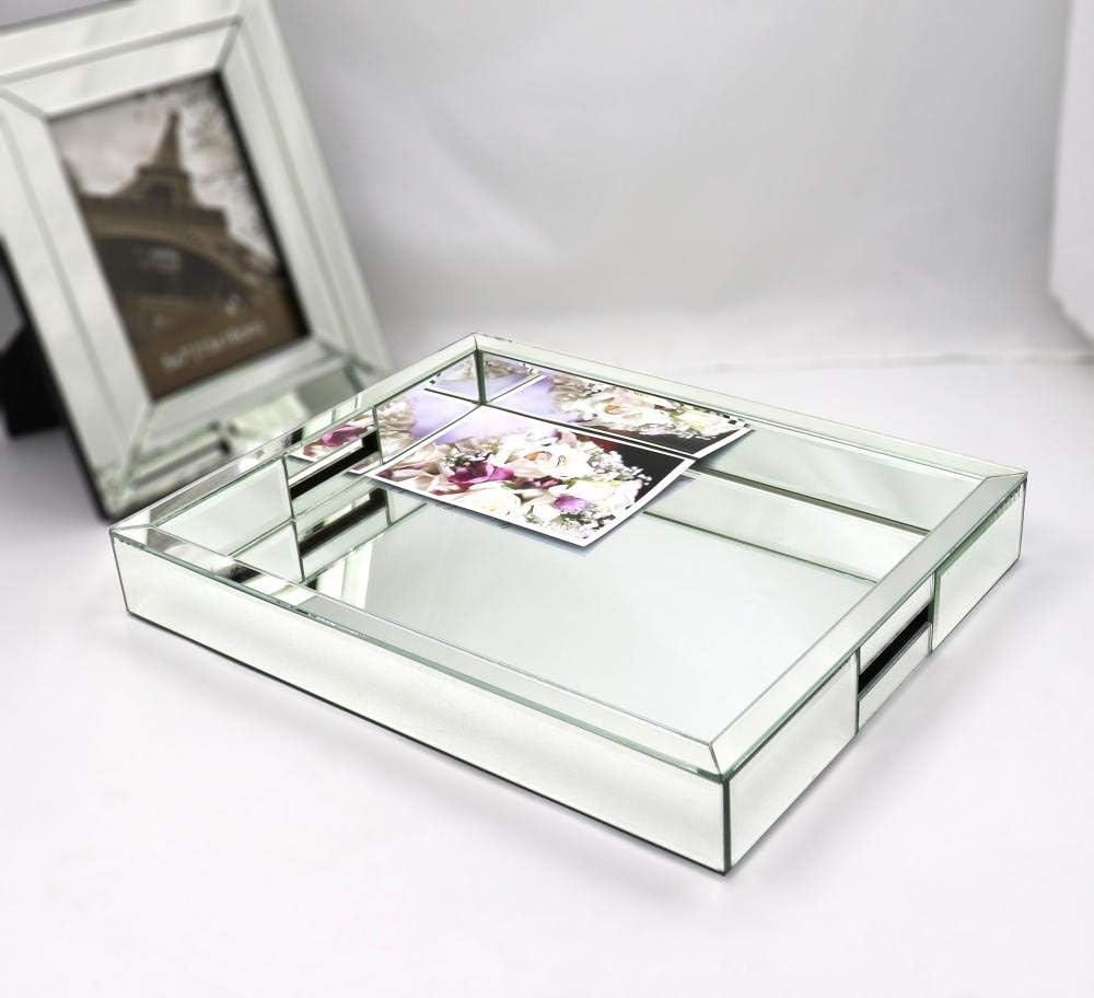 Rectangle Silver Mirror Decorative Tray Size 11” Length x 14” Width x 2” Height, Mirrored Vanity Organizer with Hand, Markup Perfume Jewelry Tray for Bathroom Bedroom Dresser Coffee Table qmdecor: Kitchen & Dining