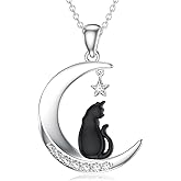 LWXIE Diamond Black Cat Necklace for Women 925 Sterling Silver Moon Star and Cat Pendant Jewelry Gifts for Mom Wife Girlfriend Her