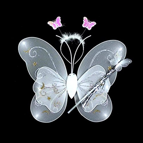 HuaYang Cute Fancy Butterfly Wand Headband Wing Fairy Cosplay Party Costume 3pcs/Set for Little Girl Kid(White)