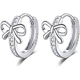 Reffeer Solid 925 Sterling Silver CZ Bow Hoop Earrings Ribbon for Women Teen Girls Bowknot Hoop Earrings Huggie