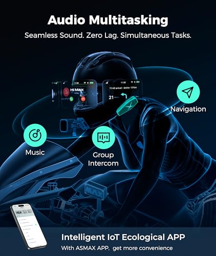 ASMAX F1s Motorcycle Bluetooth Headset with Smart Voice Control, 10 Riders Mesh Helmet Communication Systems, ENC/APP FOTA/Audio Multitasking/EQ Modes, 5-Mile Intercom for Snowmobile, 2 Pack