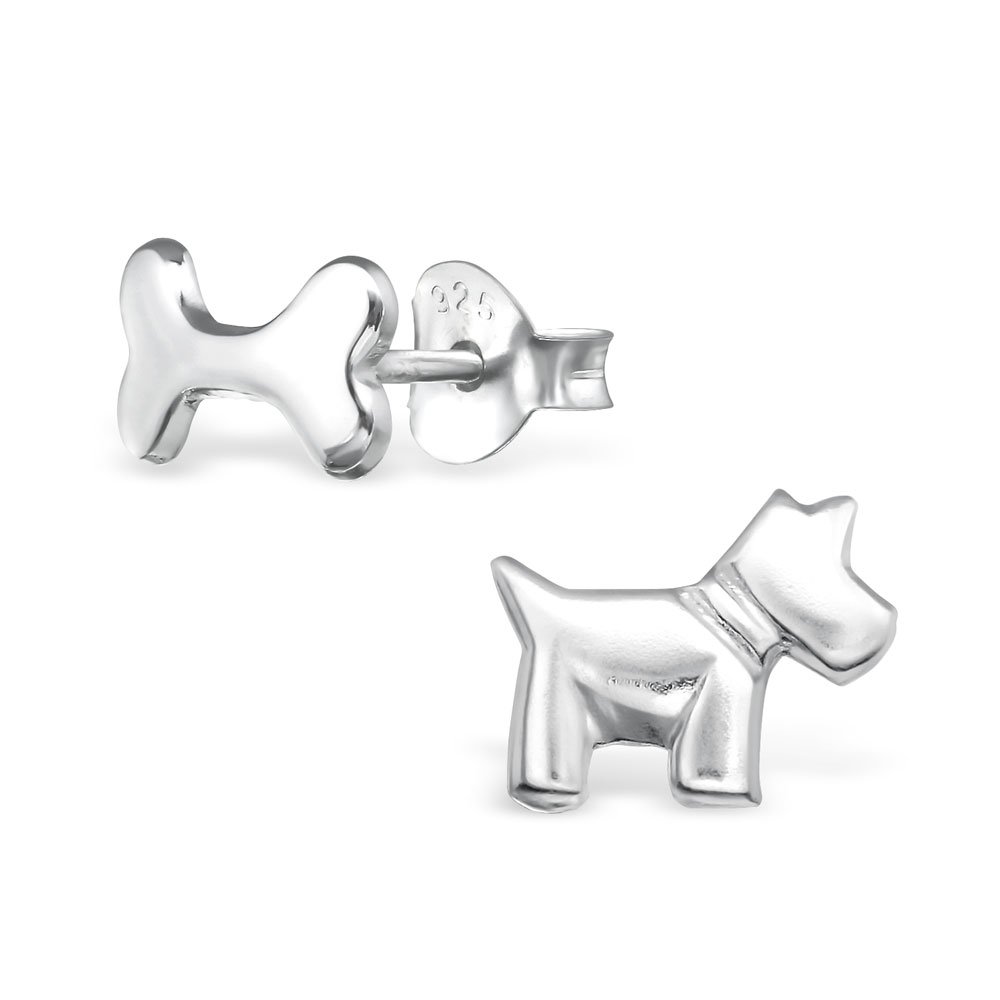 Dog and Bone Stud Earrings - 925 Sterling Silver