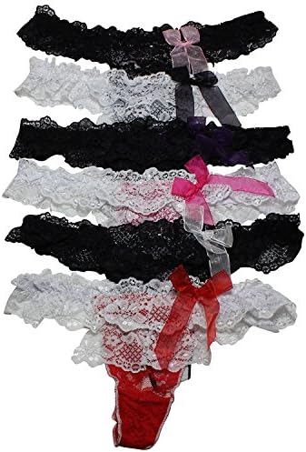 Women's Sexy Lace Panties, 6 Pack Thong G-String with Bow (Large)