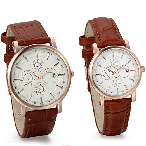 JewelryWe Classic Quartz Watches with Date Set for Couple with Brown Leather Band Anniversary Valentine Gifts (2pcs)
