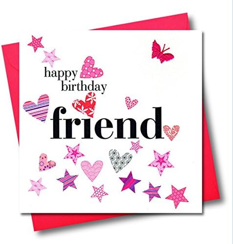 Claire Giles Greeting Cards, Happy Birthday Card, Friend, Pink Hearts and Stars, Embellished with a Fabric Butterfly