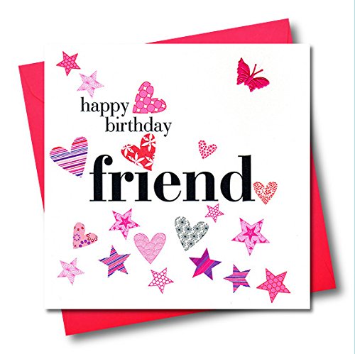 Claire Giles Greeting Cards, Happy Birthday Card, Friend, Pink Hearts and Stars, Embellished with a Fabric Butterfly