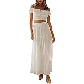 WNGECAT Womens Two Piece Summer Boho Outfit Off Shoulder Crop Top Maternity High Waist Maxi Skirt Beachear