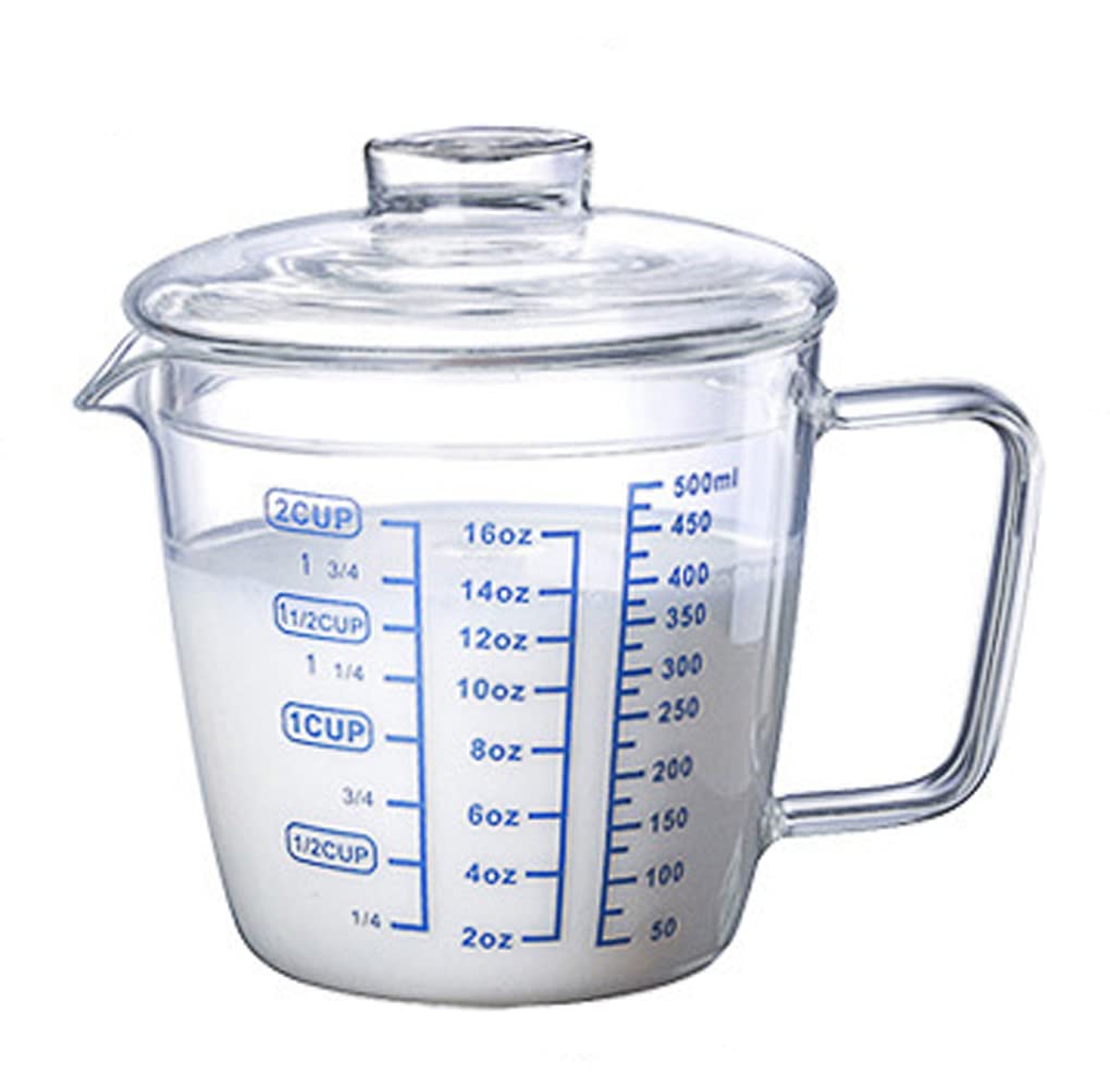 YJZQ Glass Measuring Cup With Lid Handle Kids Coffee Tea Milk Cup 500ml Pour Spout 17 oz Heat Resistant Microwave Glass Mug Clear Scaled Ounce Measure Jug Cup for Cooking Baking