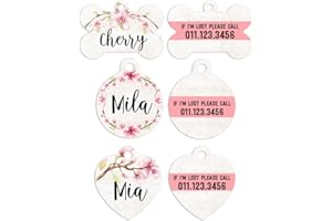 M&J Personlaized Watercolor Floral Lost Pet Cat Dog ID Tag Collar Charm Custom Name Tag (Heart, Cherry Blossom)