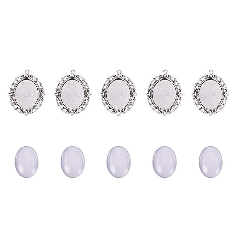 PandaHall 5 Sets 40x30mm Oval Klarglas Cabochon Covers, 61x48mm Antik Silber Tibetischen Stil Anhänger Cabochon Einstellungen