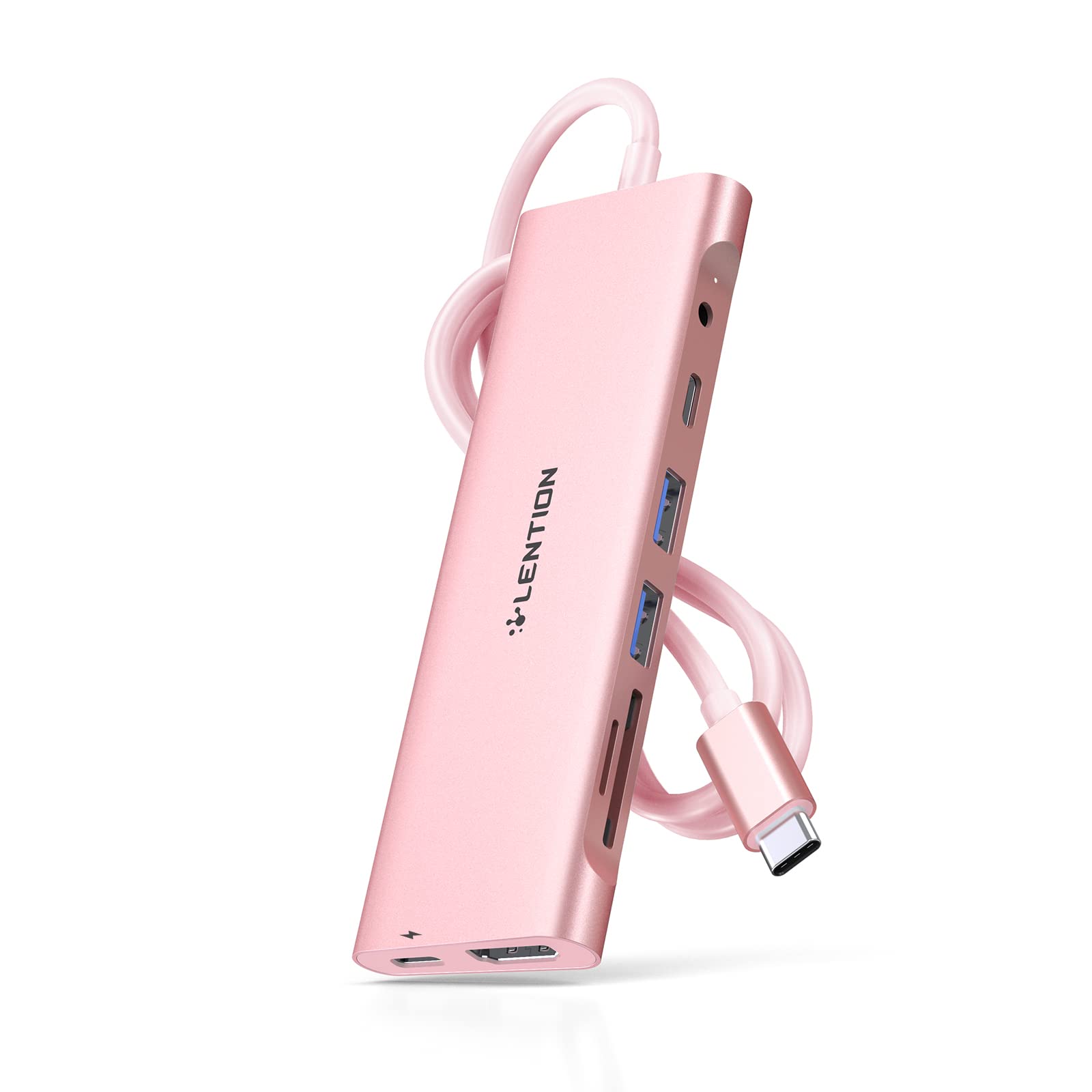 LENTION 3.3FT Long Cable USB C Hub with 4K HDMI, 2 USB 3.0, Card Reader, Aux, Type C Data/100W Charging Adapter for 2025-2016 MacBook Pro, New Mac Air/Surface, ChromeBook, More (CB-C37, Rose Gold)