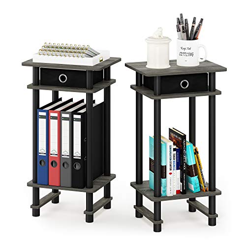 Furinno TURN-N-TUBE Side Table Set of 2, 3-Tier End Table with Storage Bin, Open Shelf Night Stand, Bedside Table, for Living Room, Bedroom, French Oak