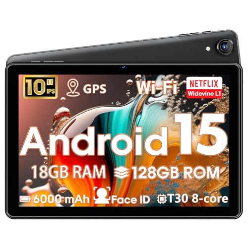 Tablette Android Tablet 10 Inch, Android 15 Tablet 18GB RAM 128GB(1TB Expandable), T30 Octa-Core CPU, Widevine L1, 6000mAh,Gaming Tablets for Adults, Dual Camera (5MP+8MP), WiFi 5, GPS, GMS, Gemini AI