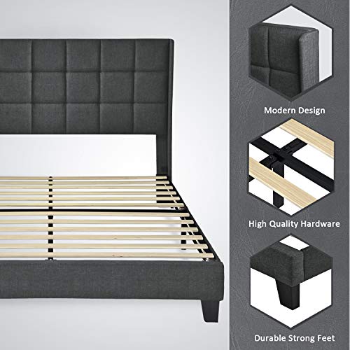 Einfach Queen Upholstered Wingback Platform Bed Frame with Headboard