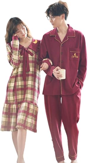 Amazon ジュタオピン ペア パジャマ カップル メンズ 上下 セット レディース ワンピース チェック柄 部屋着 綿 ペアルック ルームウェア 長袖 秋 コットン 紳士 コムサ 寝巻き 赤 前開き パジャマ 通販