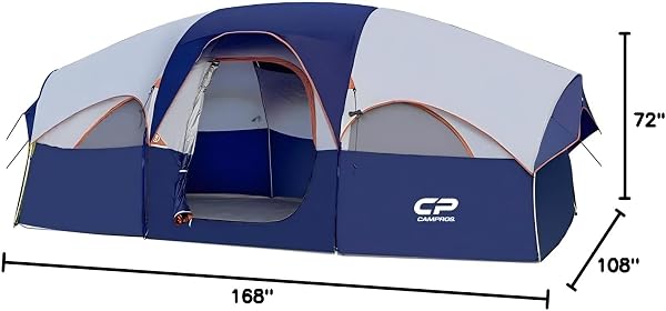 CAMPROS CP TENT 8 PERSON CAMPING TENTS, WEATHER RESISTANT FAMILY TENT, 5 LARGE MESH WINDOWS, DOUBLE LAYER, DIVIDED CURTAIN FOR SEPARATED ROOM, PORTABLE WITH CARRY BAG – DEEP GRAY