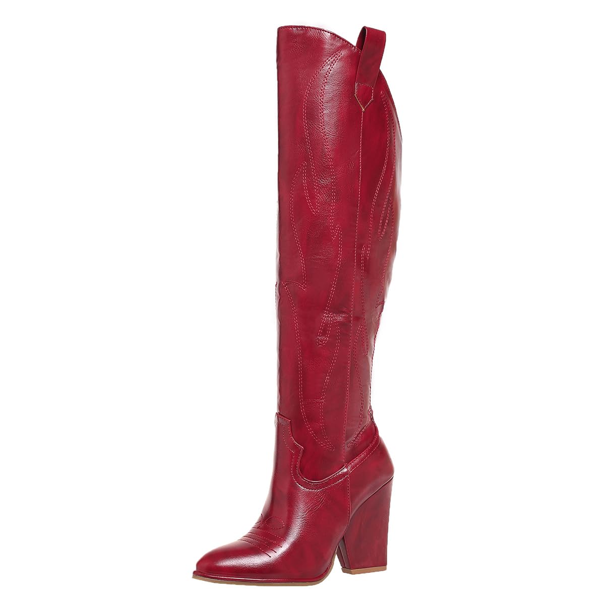 Photo 1 of Jiemifu Cowboy Boots for Women Knee High Red Western Cowgirl Boots Chunky Heel Pointed Toe Side Zipper Tall Boot for Women Ladies (Red) Zise 8