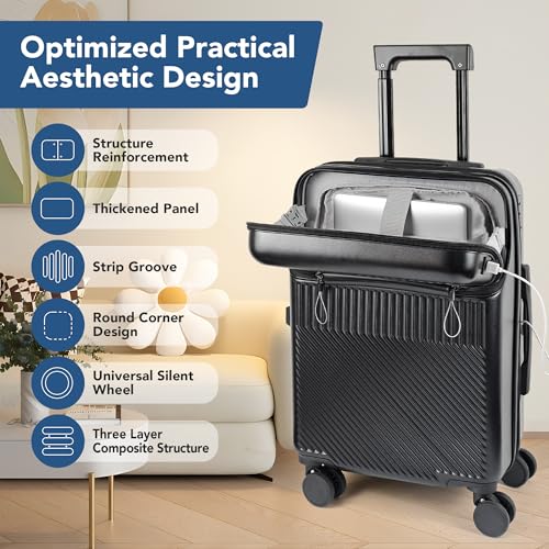 Carry On Luggage, 20 Inch Hardside Luggage, Carry On Suitcase with Front Open Laptop Compartment and Pocket, with Combination Lock, 4 Spinner Wheels, Cup Holder, USB Port, Hook (a-White)