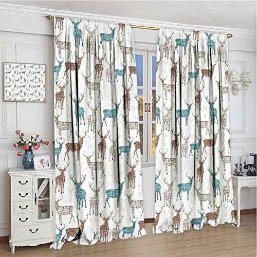 wonderr Decor Curtains W84 x L96 Inch,for Room Darkening Panels for Living Room,Bedroom,Deer,Animals with Old Text Pattern Christmas Theme Vintage Inspired Illustration,Turquoise Brown Beige