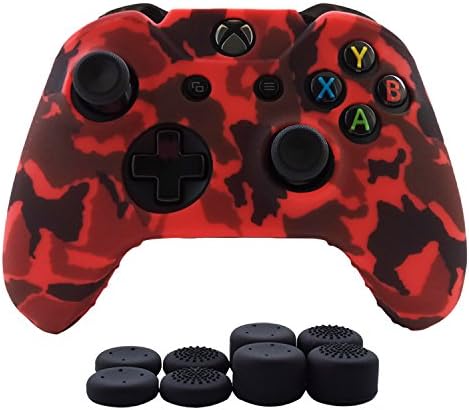 Hikfly Silicone Gel Controller Cover Skin Protector Kits for Xbox One Controller Video Games(1 x Controller Camouflage cover with 8 x Thumb Grip Caps)(Red)