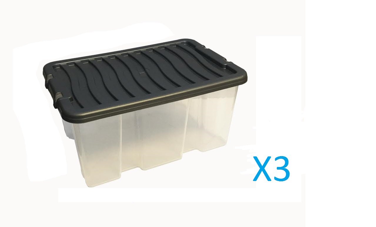 PACK OF 3 PLASTIC CLEAR STACKABLE STORAGE / SHOE BOXES WITH GREY LIDS