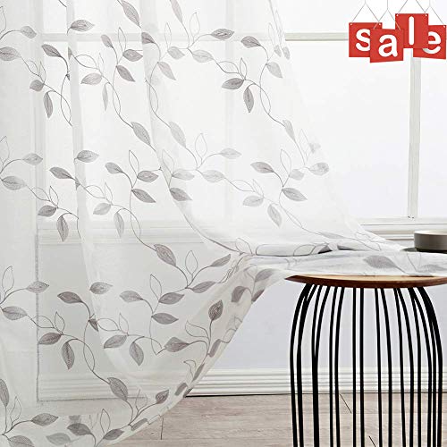 Haperlare Sheer Curtains, Room Decorative Voile Grommet Sheer Curtain Panels Floral Embroidered Semi Sheer Window Drapes for Bedroom, 52 x 95 Inch, 2 Panels, Gray Embroidery