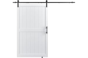 COSHOMER 48in x 84in MDF Sliding Barn Door with 8ft Barn Door Hardware Kit & Handle, Pre-Drilled Holes Easy Assembly -Solid Barn Door Slab Covered with Water-Proof PVC Surface, White, H-Frame