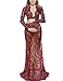 Saslax Women's Deep V-Neck Long Sleeve Lace See-through Wedding Maxi Dress,Wine,X-Large