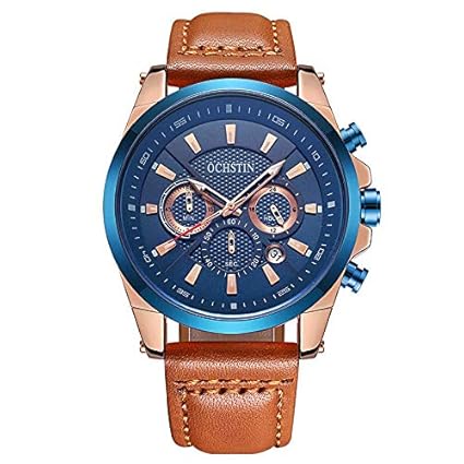 Ochstin Business Casual Date Display Blue Dial Full Chronograph Watch with Brown Leather Band for Men and Boys