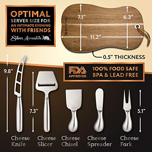 Cheese Board Serving Set, Wooden Charcuterie Platter and Serving Meat Board - 100% Acacia Hardwood Platter with Stainless Steel Cutlery - 3 Cheese Knives, Cheese Fork, Cheese Slicer. Bonus Corkscrew. - Thumbnail 3