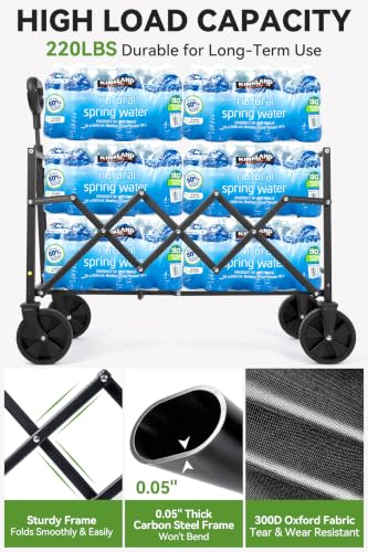 Hikenture Collapsible Wagon Cart with Wheels, 220 lbs Foldable Wagon | 9 lbs Lightweight Portable Utility cart, All Terrain Folding Wagon for Grocery Shopping, Garden, Sports, Camping, Daily Use