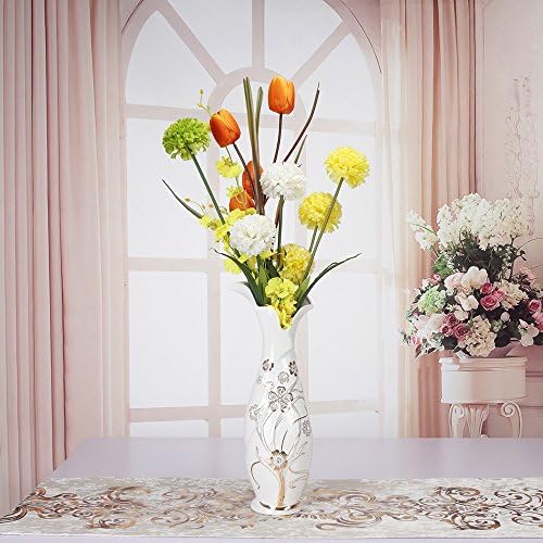 Elegantime Porcelain 14" High Diamond Vase Trimmed with Gold Floral Pattern, Flower Shaped Top Opening, Perfect for Wedding, Party &amp; Home Décor