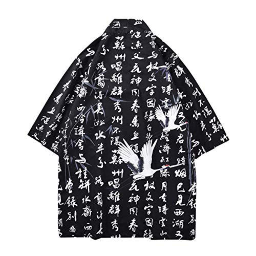 Men Japanese Yukata Coat Kimono Outwear Vintage Casual Top Black Dragon