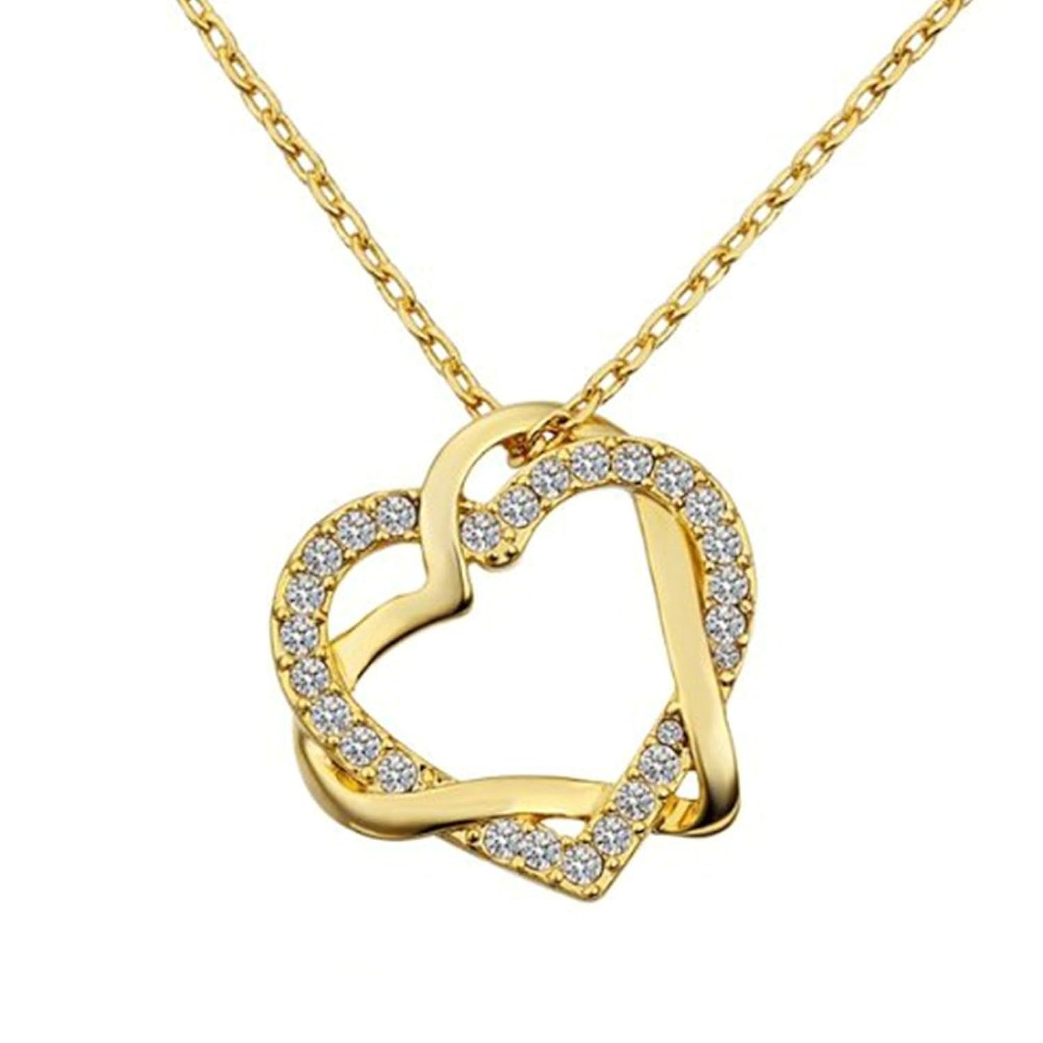 AnaZoz Joyería de Moda Colgante Collar Doble Corazón Entrelazado Cristal Oro Chapado