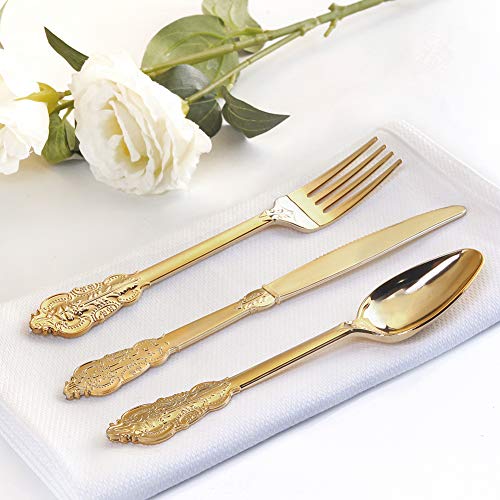 WDF 300 Pieces Gold Plastic Silverware Disposable Heavy Duty Plastic