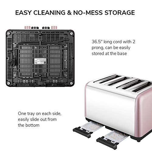 4 Slice Toaster, CUSIBOX Stainless Steel Toaster Four Wide Slots with 7 Bread Browning Settings, REHEAT/DEFROST/CANCEL Function, 1400W, Pink Gold