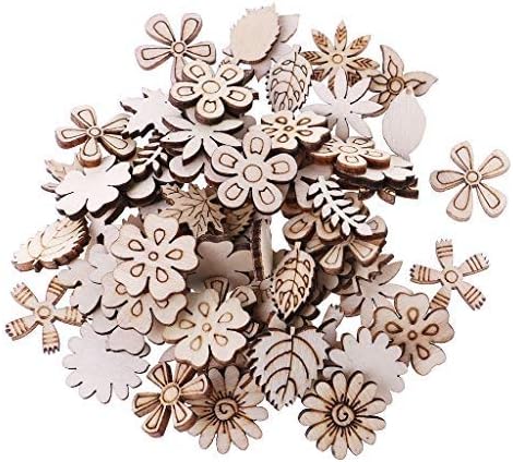 Yangfr 100pcs Unfinished Wood Christmas Ornaments Laser Cut Wood Flowers and Leaves Embellishment Wooden Shape Craft Wedding Decor