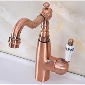 Grifería,grifo Antiguo Cobre Rojo Latón Mango De Cerámica Simple Baño
