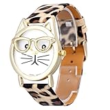 JUNKE Women Analog Quartz Dial Wrist Watch Cute Glasses Cat (Khaki)