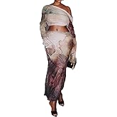 THLAI Women's Two Piece Sexy Outfit Long Sleeve Short Top Long Skirt Drawstring Print Casual Set Clubwear