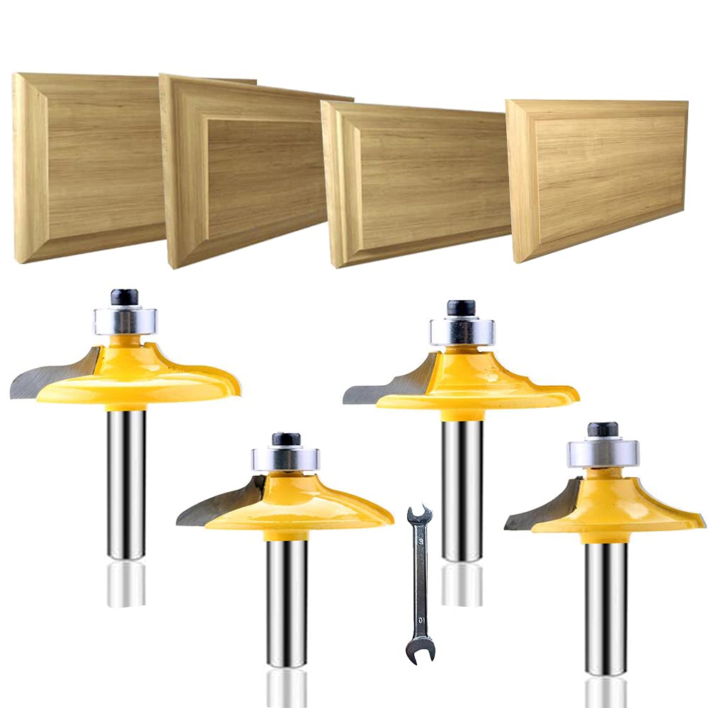 LEATBUY 1/4-Inch Shank Door&Drawer Front Edging Router Bit Set 4 PCS, Woodworking Milling Cutter Tools, Carbide CNC Router Grooving Mill Tool Router Bits Sets (Panel)