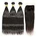 Ayniss Straight Hair Bundles with Closure 100% Brazilian Straight Virgin Hair 3 Bundles with Lace Closure Free Part Human Hair Extensions Natural Black Color (10 12 14+10)