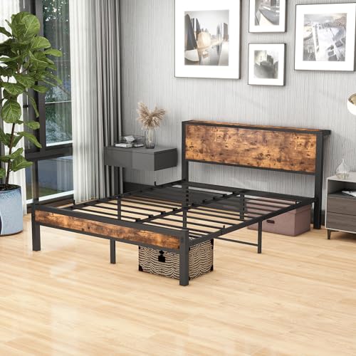 DUMEE Queen Bed Frame with Wood Storage Headboard, Metal Platform Bed Frame Queen Size Mattress Foundation No Box Spring Needed, Noise Free, Black & Rustic Brown