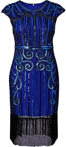 BeneGreat Women's Vintage 1920S Party Fringe Gatsby Inspired Sequin Flapper Dress Blue XL