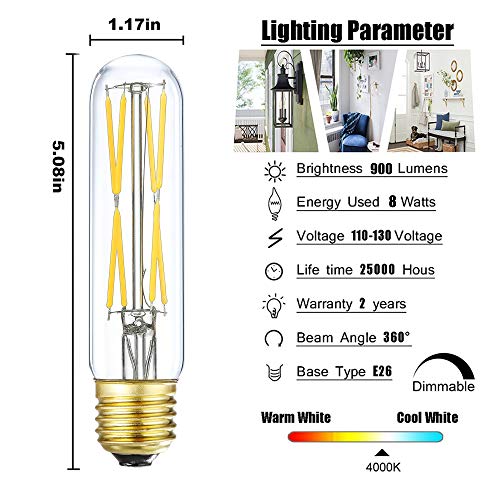 T10 Led Tube Bulb, 8W Dimmable Led Tubular Bulbs,80-100Watt Incandescent Bulb Equivalent, 4000K Daylight,900lm,Clear Glass, E26 Base Lamp Edison Bulb, for Cabinet Display Cabinet etc,No Flicker,3 Pack